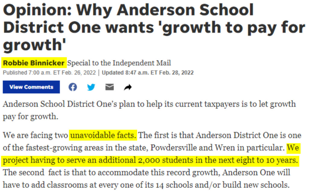 Opinion: Why Anderson School District One wants 'growth to pay for growth'
Robbie Binnicker Special to the Independent Mail
Anderson One’s plan to help our current taxpayers is to let growth pay for growth. We are facing two unavoidable facts. The first fact is that Anderson One is one of the fastest growing areas in the state, Powdersville and Wren in particular. We project having to serve an additional 2,000 students in the next 8 to 10 years. The second fact is that Anderson One will have to add classrooms at every one of our 14 schools and/or build new schools